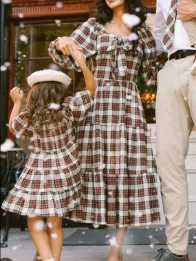 Plaid Midi Dress with Bow Tie